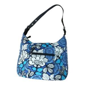 Vera Bradley Blue Bayou Tote Bag Black Leather Bottom Adjustable  Strap Zip Top